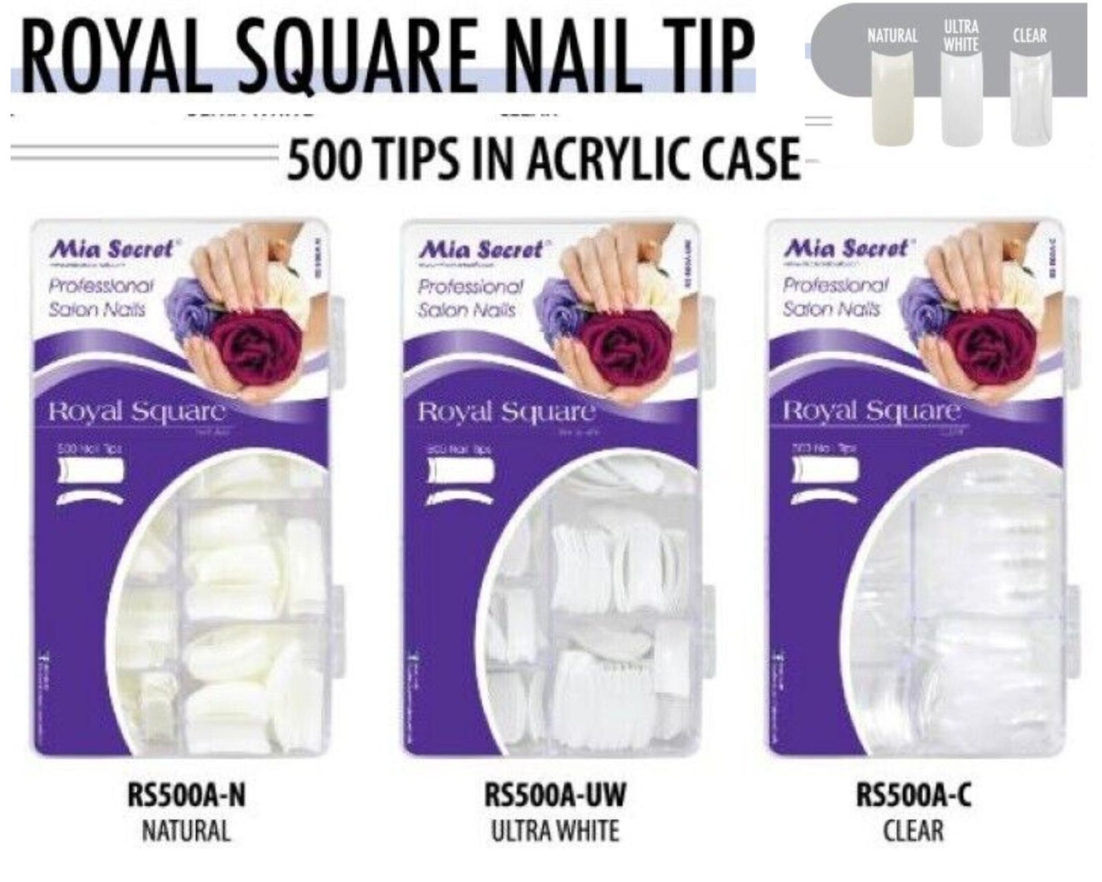 Mia Secret Nail Tips ROYAL SQUARE- Natural+ Ultra White +Clear ( 500 TIPS )