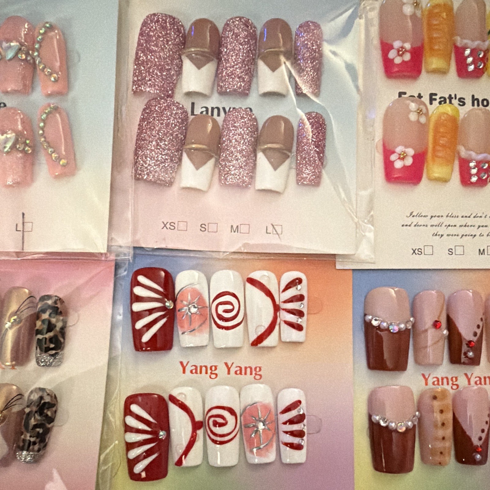 Mixed Brands Press-On Nails Long Square 3D Shiny Glitter Floral Multicolor