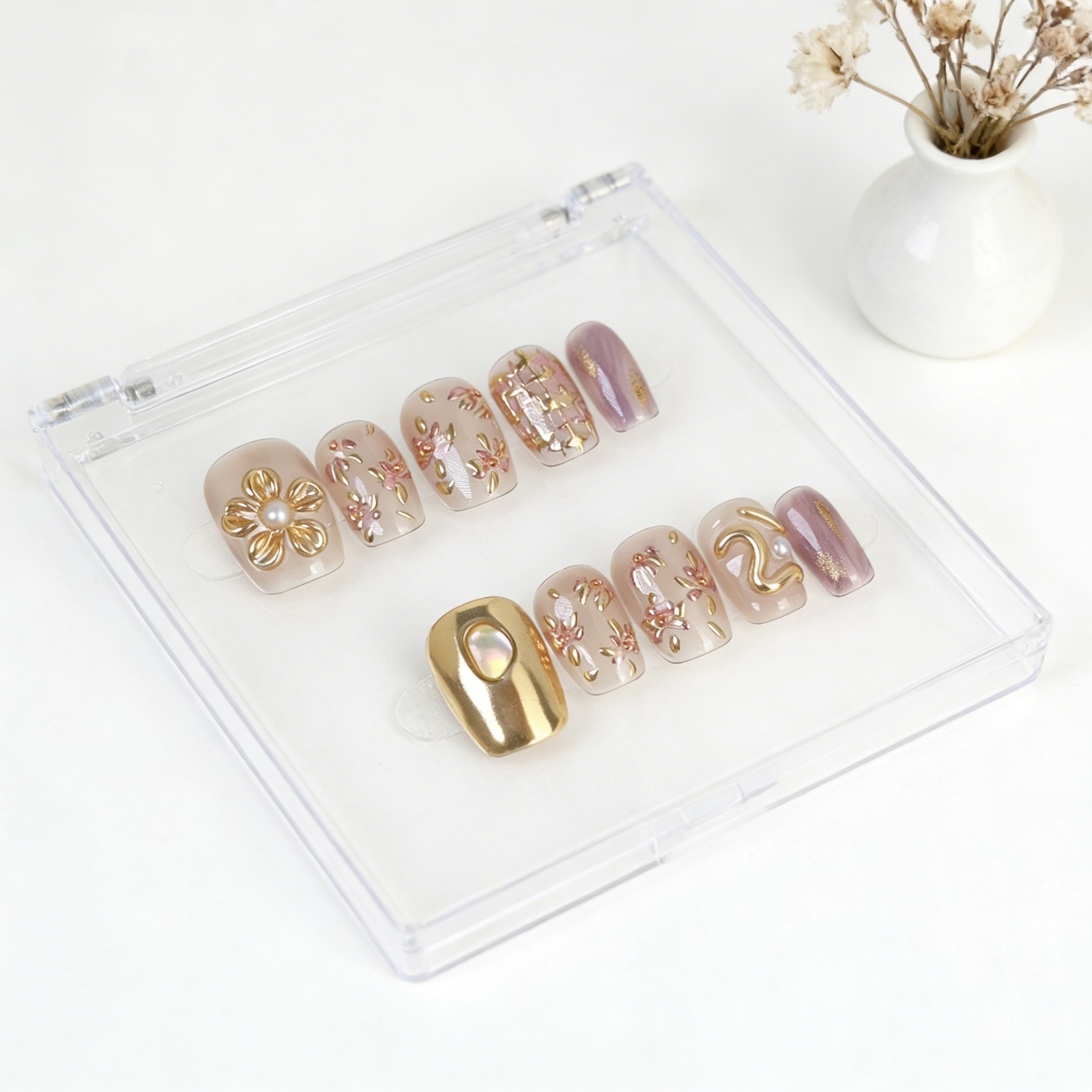 Pink Purple Press On Nails Short Square Gold Flower Pearl Handmade Set gift