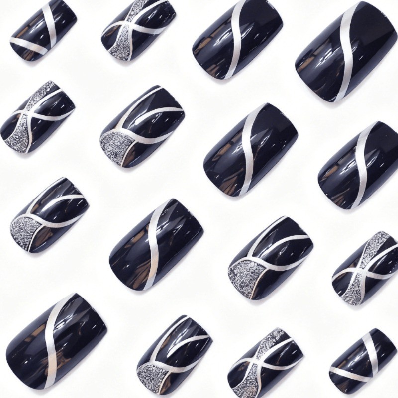 48 Pcs of Blue Silver Gray Blue Sparkling Fake Nails, Suitable for Women’s Nail
