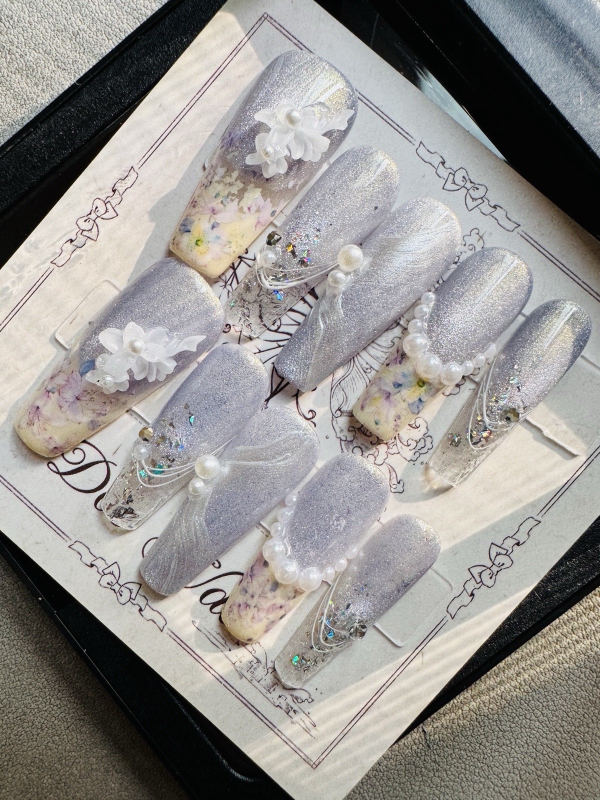 Press-On Nails Long Coffin Silver/Multicolor Flowers Theme 3D Glitter Full Cover