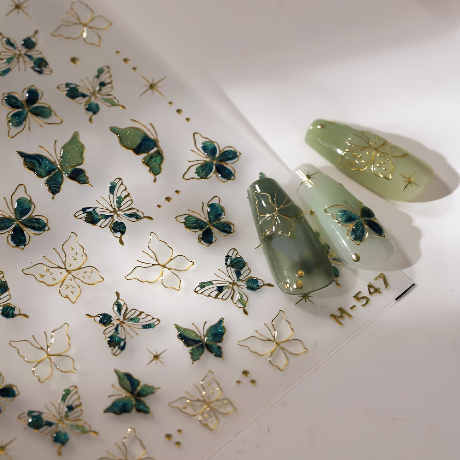 Green Butterfly Nail Stickers for Nail Art 5D Embossed Nail Decals Gold Butterfl