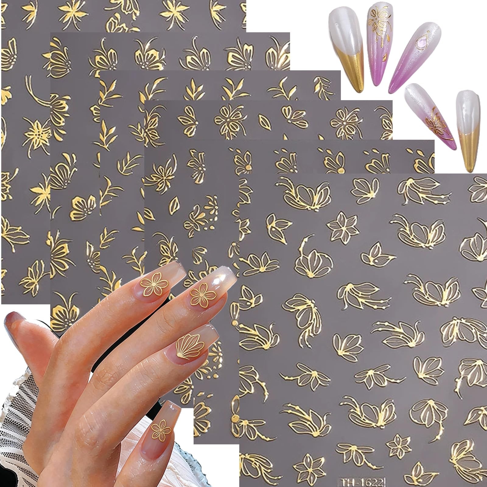 6 Sheets Gold Nail Stickers Set 3D Flower Leaf Butterfly Nail Art Stickers, -…