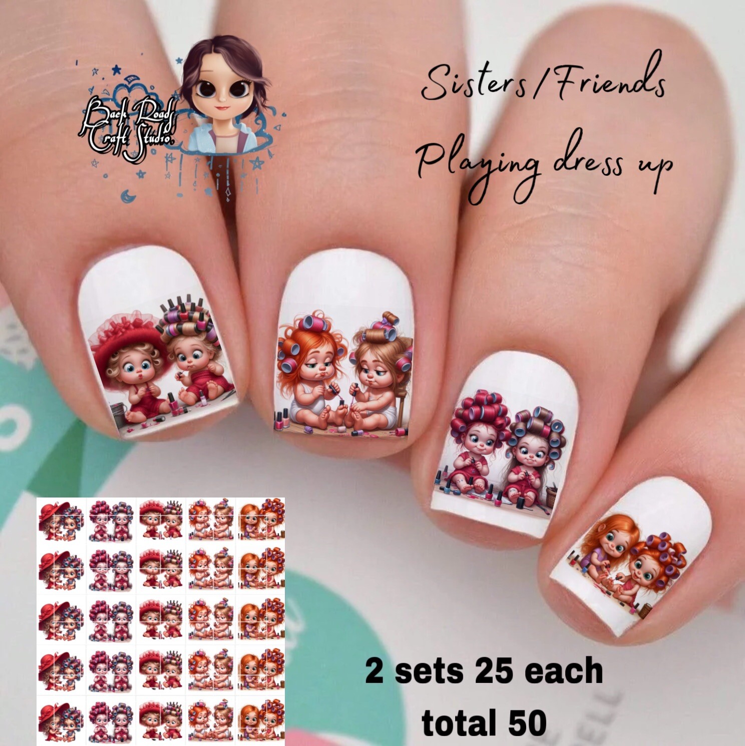Sisters Friends Playing Dress Up Waterslide Nail Art Decals Set of 50