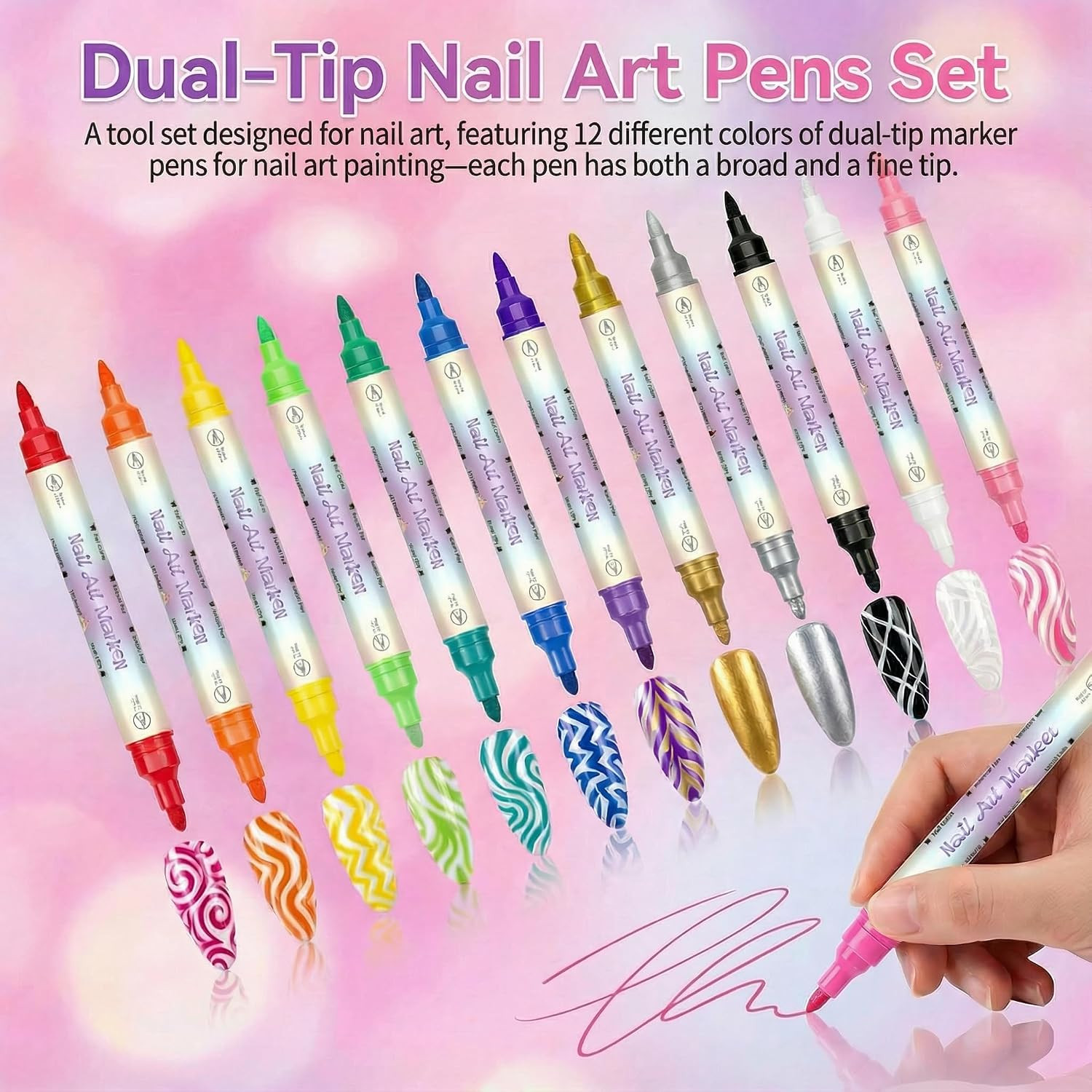 12 Colors Double-Ended Nail Art Markers Set, 3D Nail Polish Pens with Liner Brus