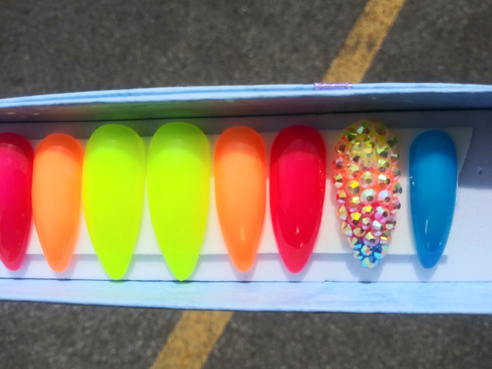 Neon Rainbow ombre bling nails w/ crystals Gel Press On jelly nails full set