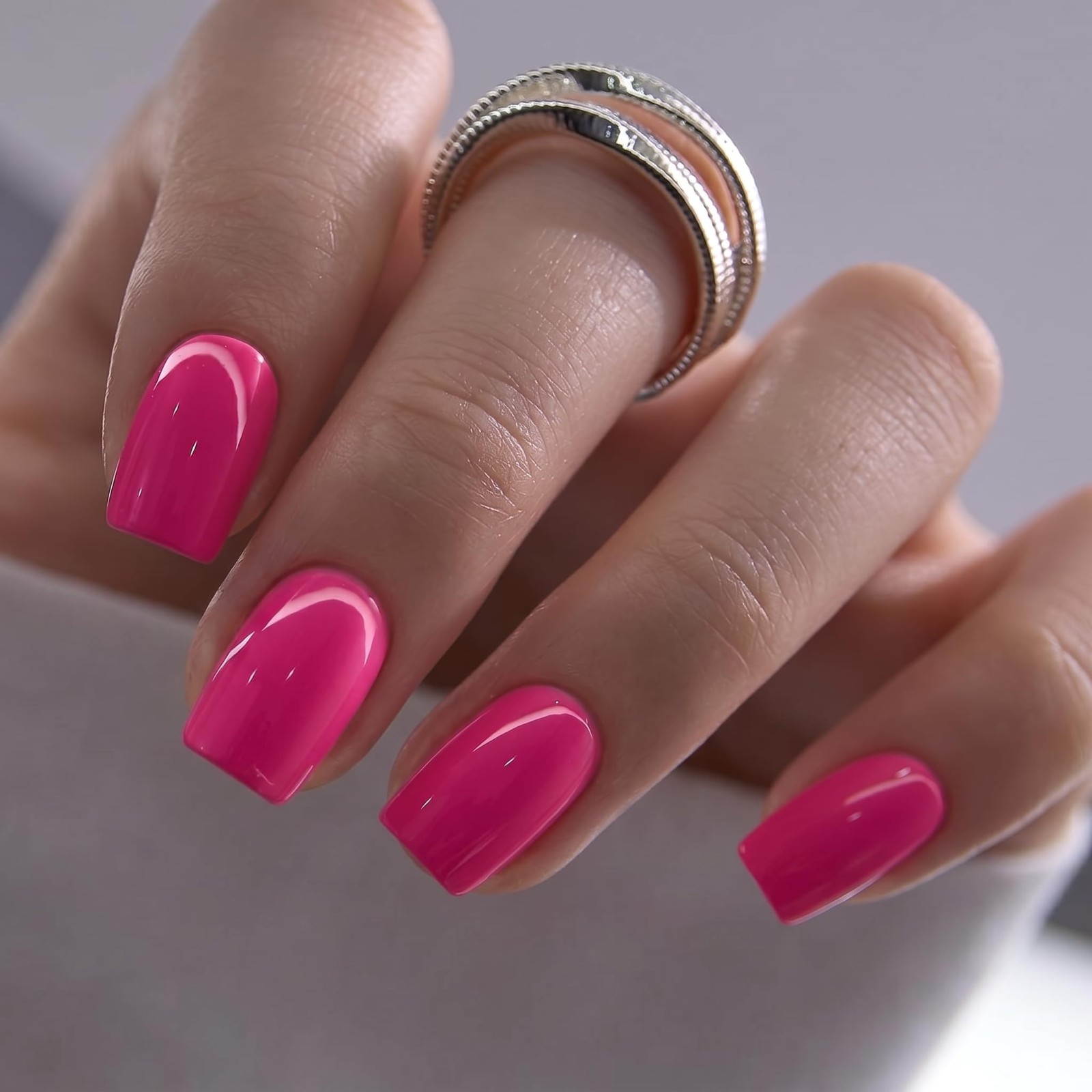 CurvLife Press on Nails Short Square Acrylic Fake with Bright-Pink