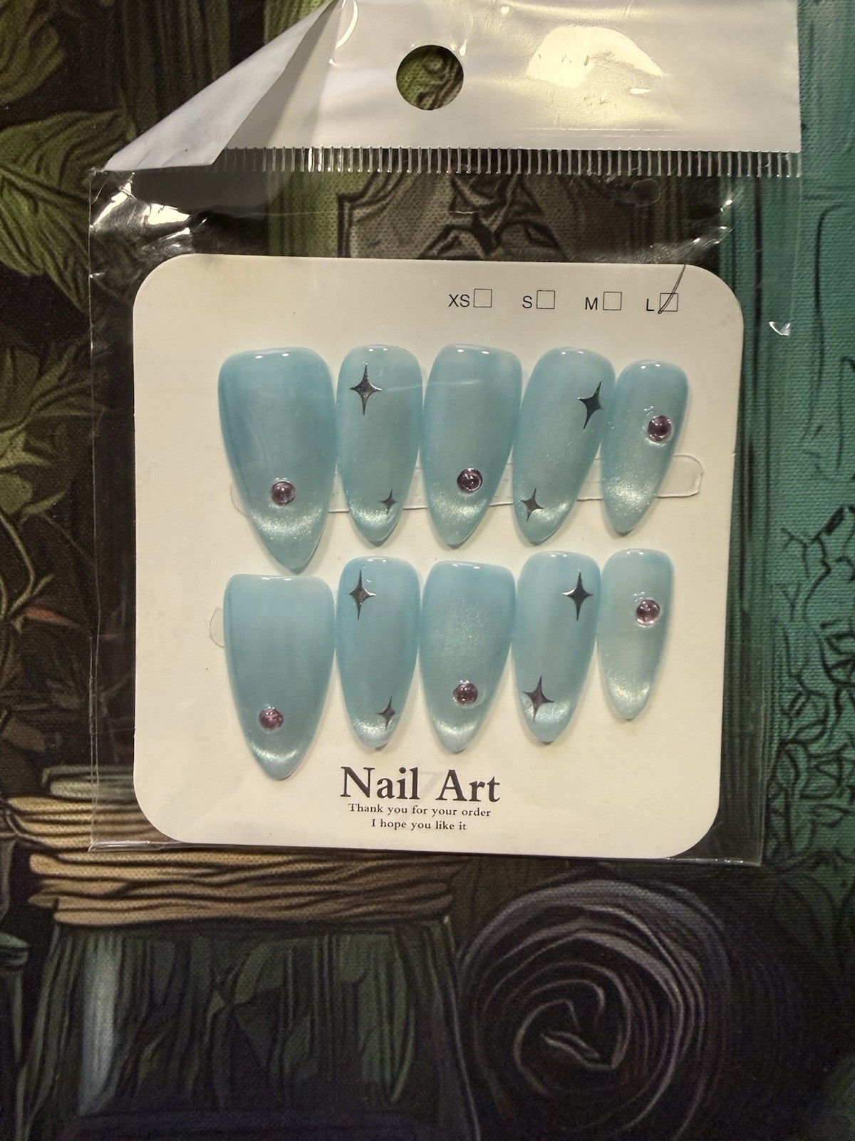 Large Baby Blue CatEye Press On Nails Rhinestones Long Length Almond Shape