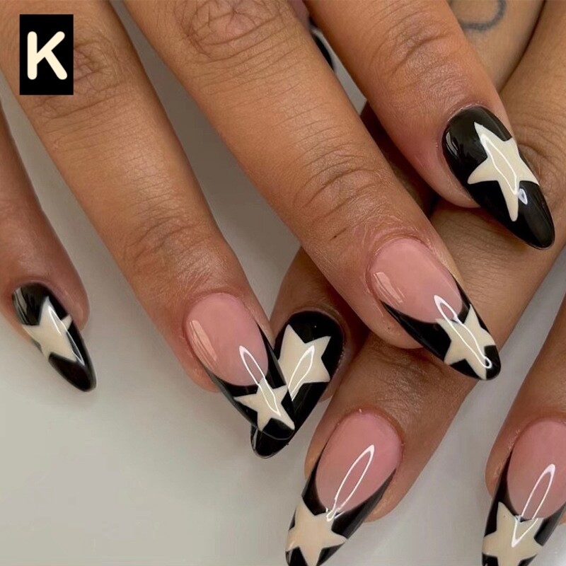 12 Boxes Flower Star French Tip Long Almond Press On Nails (Wholesale)