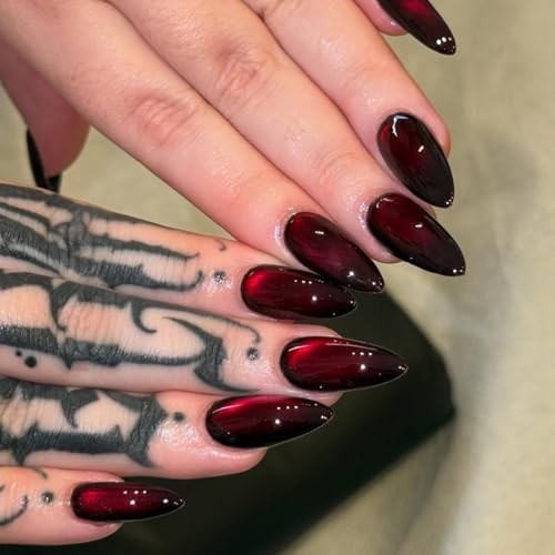 30Pcs Medium Almond Dark Red Cat Eye Press On Nails,Glossy Burgundy Style12