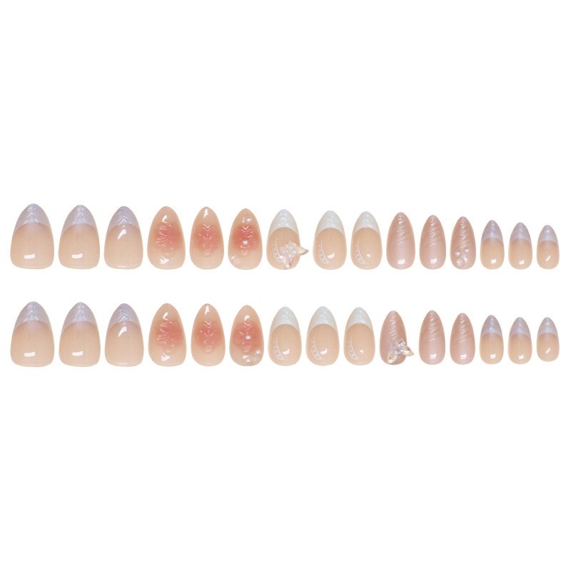 24PCS Butterfly Press On Nails French Tip Reusable False Nails Full Cover Almond