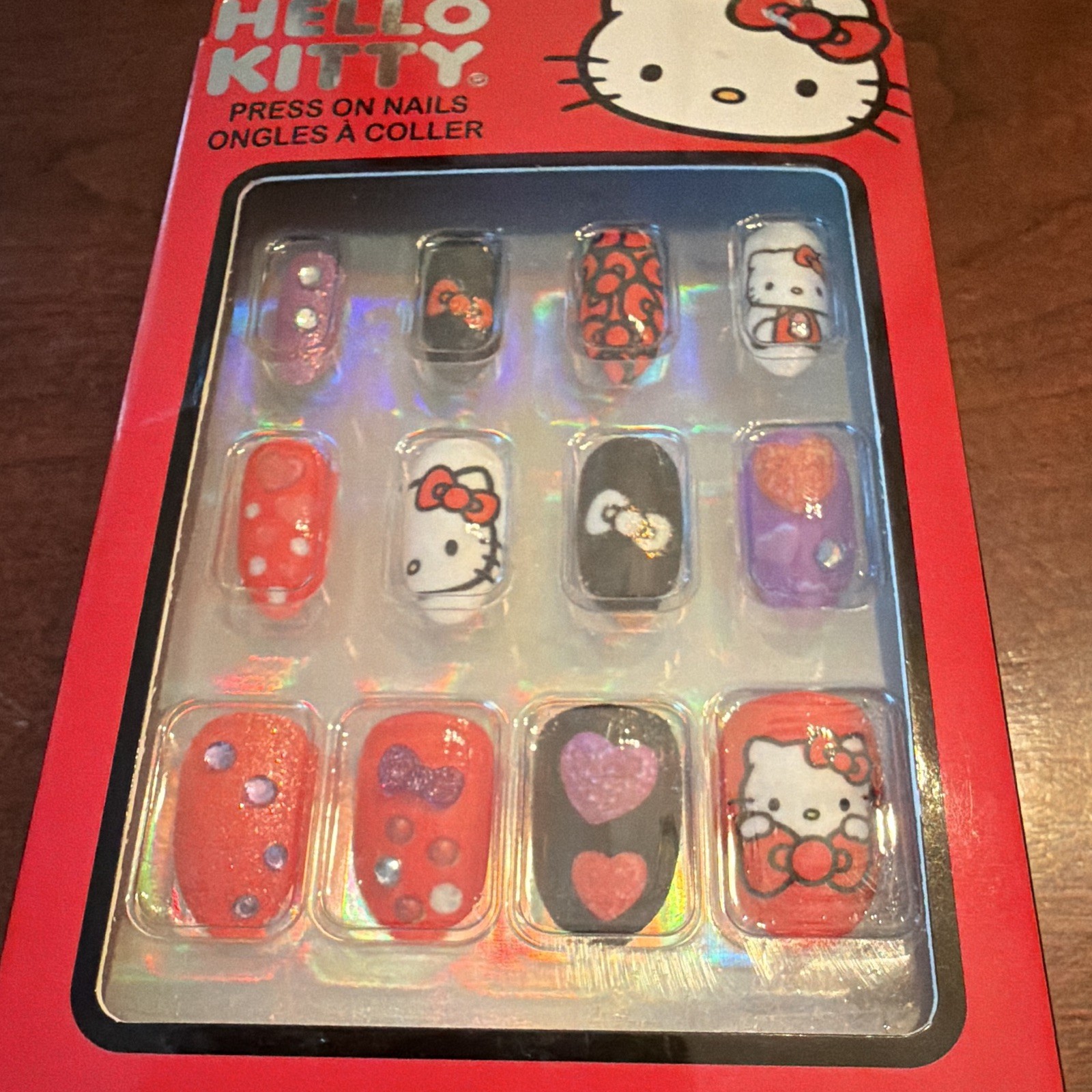 Hello Kitty Press-On Nails 3D Pre-Designed Short Square Red/Black/Purple