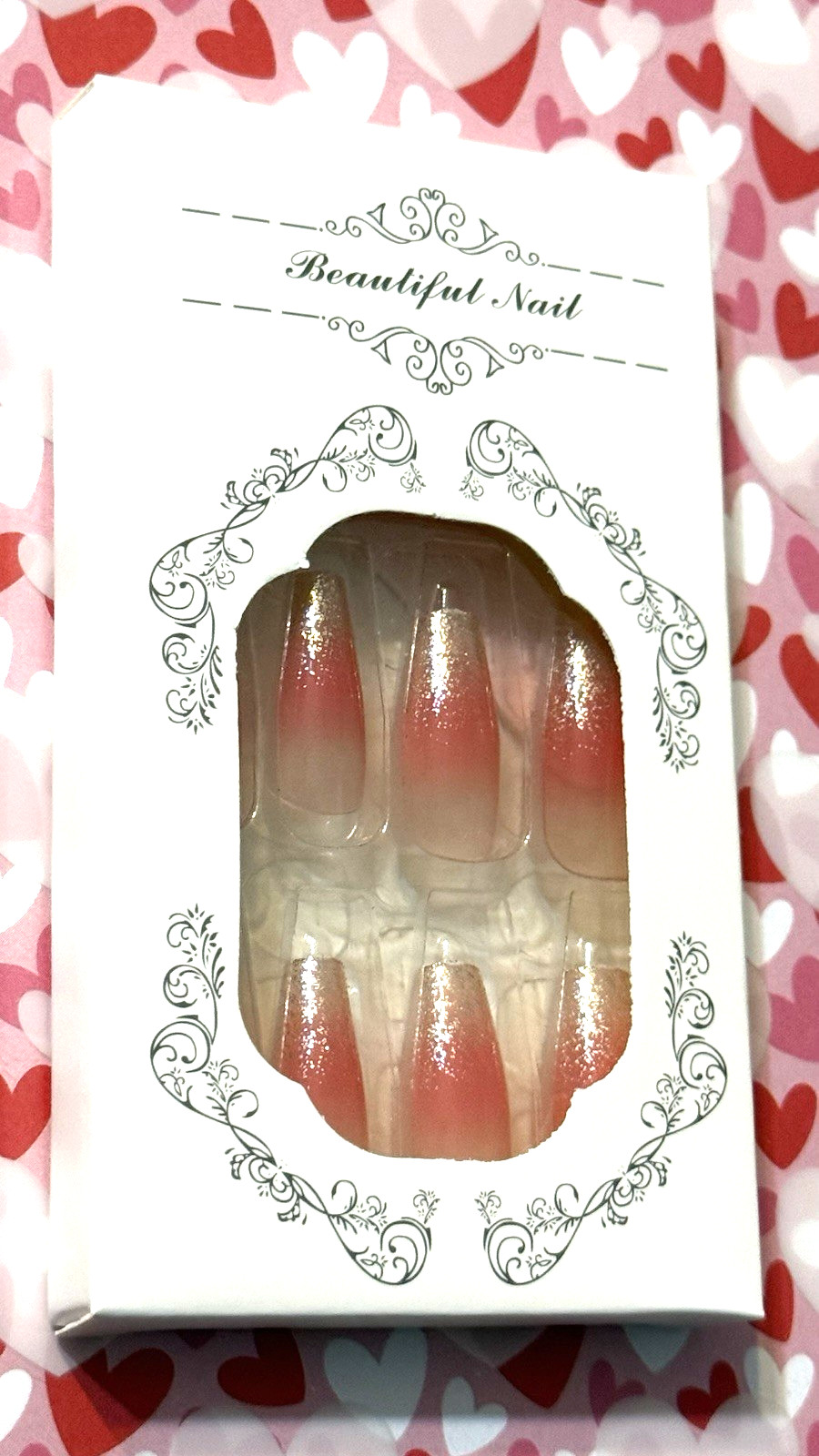Beautiful Nail CLEAR with Pink & Gold Glitter Medium Coffin Press On Mani BOXED