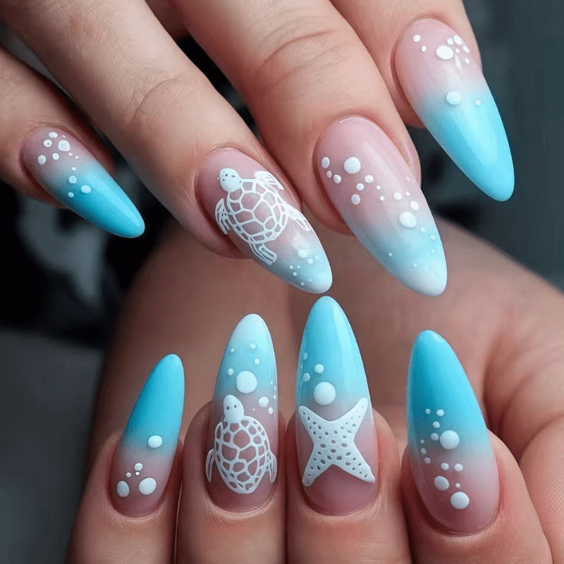 48Pcs Medium Almond Nails, Pink Blue Gradient, Turtle Starfish Pattern