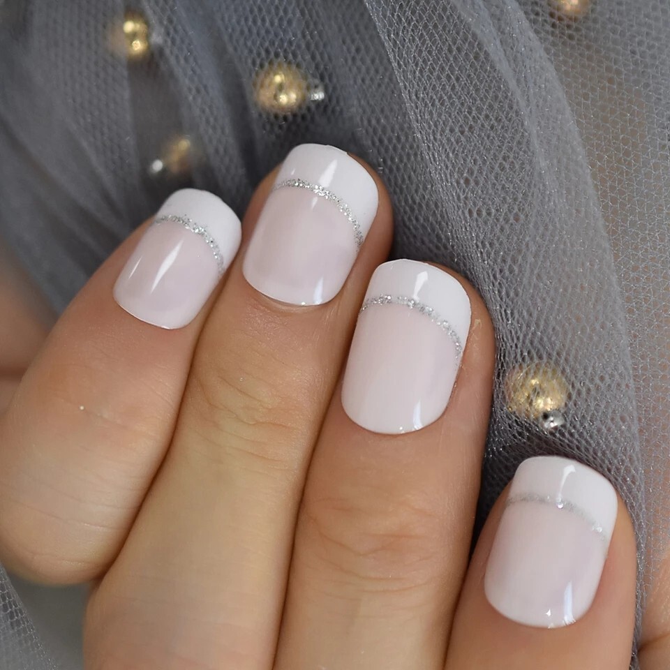 24 Short Silver glitter line French mani tip Press on nails set with glue white