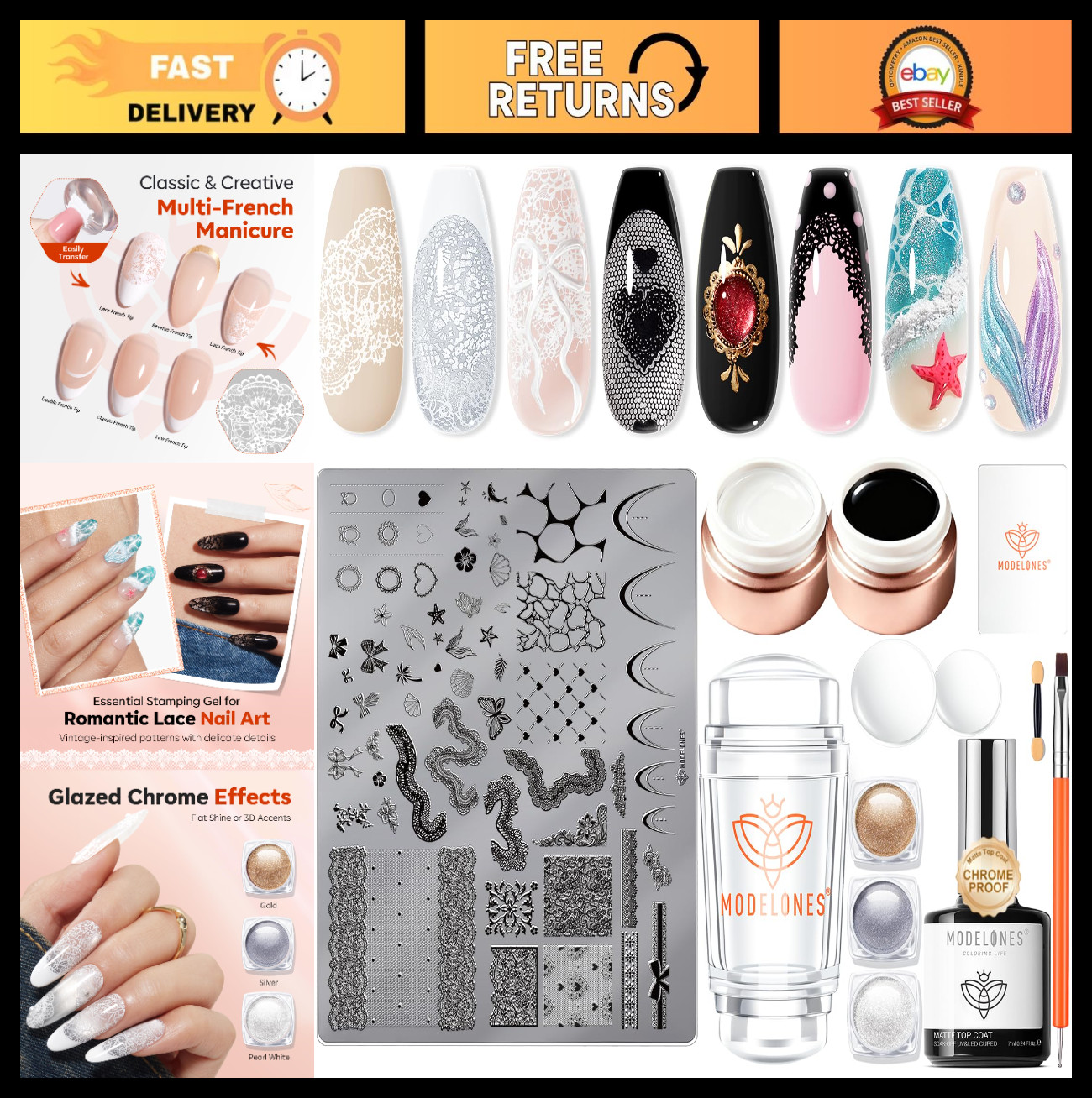 16PCS Nail Stamping Kit – French Tip Stamper, Gel Polish, Chrome Powder, Nail Ar