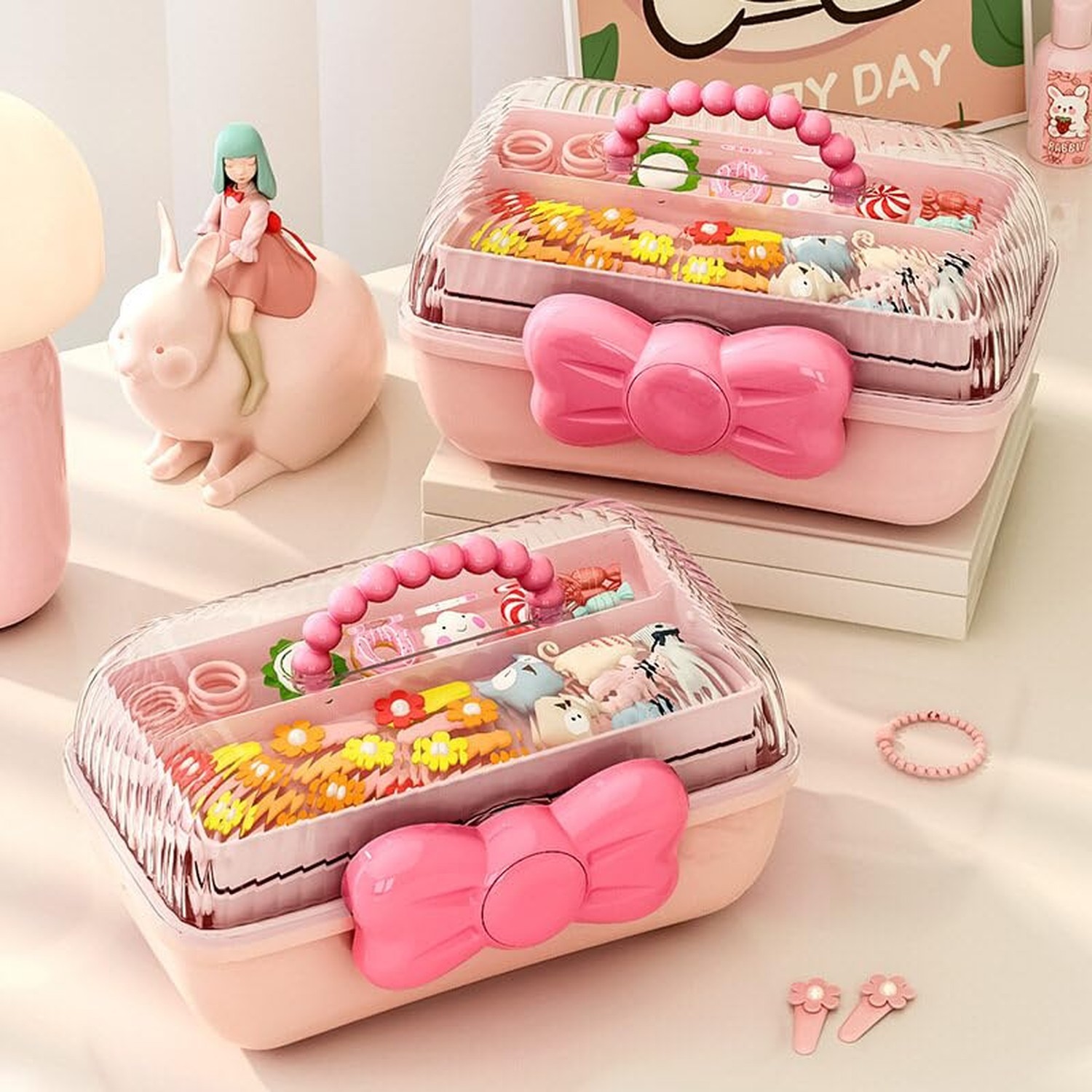 Cute Hair Accessories Organizer 3-Layers Kids Jewelry Storage Box Plastic Hai…