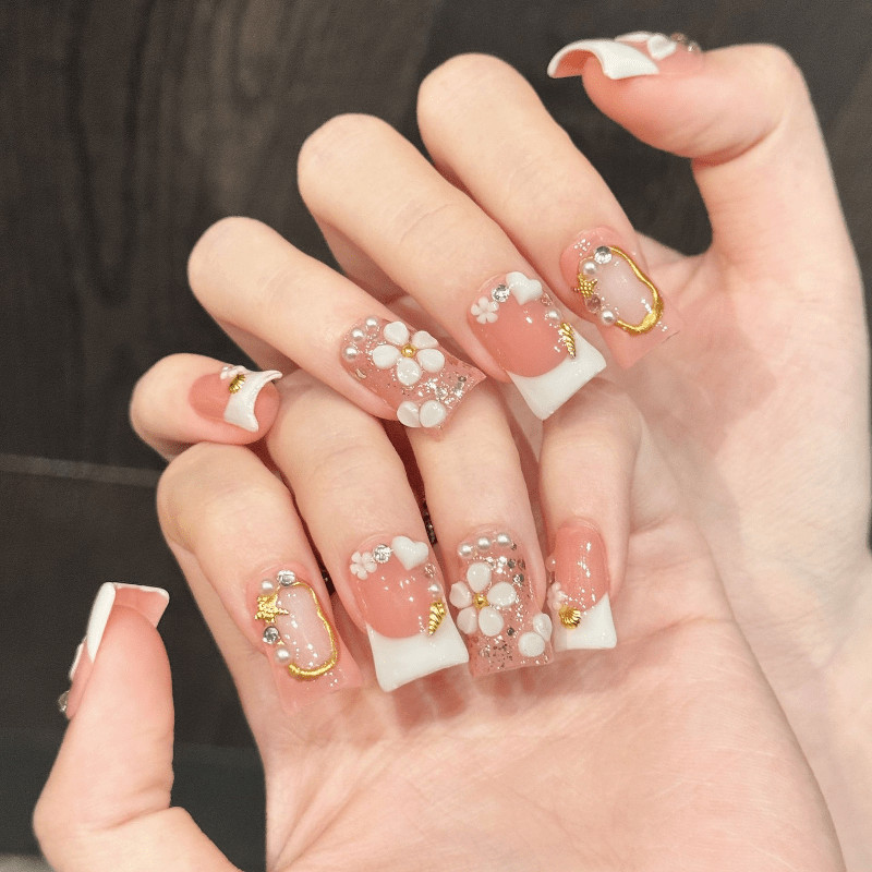 Pink White French Flower Pearl Shiny Casual Elegant Handmade Press on Nails