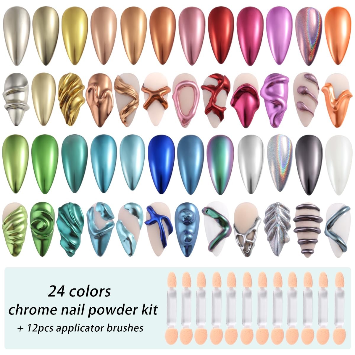 24 Colors Chrome Nail Powder Set Metallic Mirror Effect Gold Silver Pink Chro…