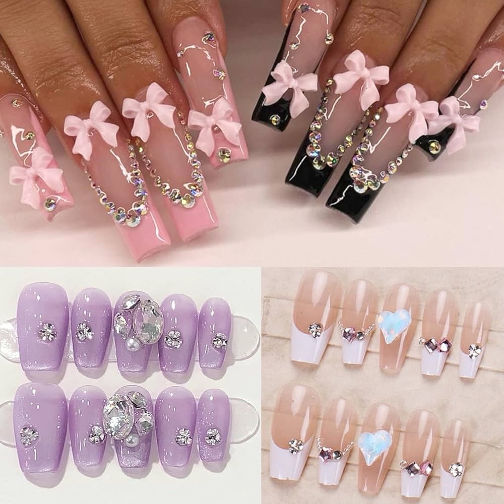 10000pcs Nail Charms And Gems, Pink Cute Bow Heart 3D Flower Charms