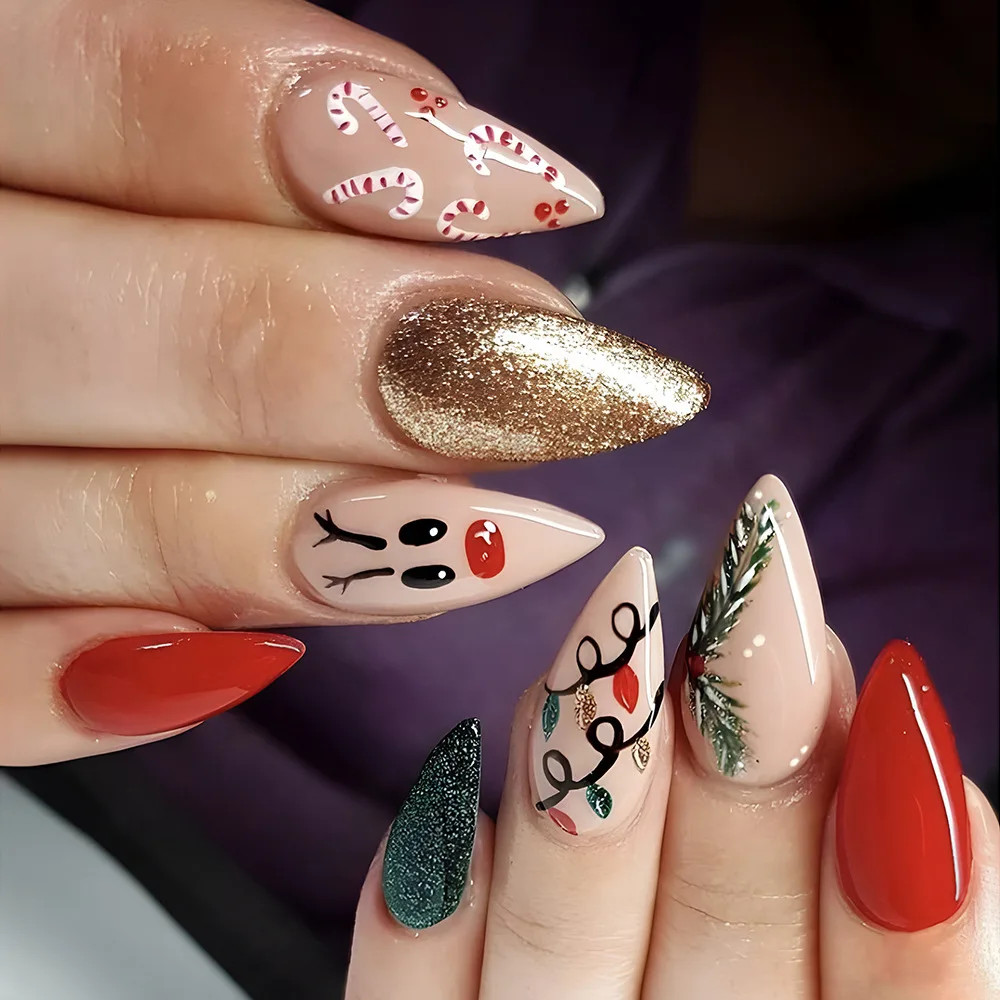 2026 Christmas Red Snow Deer Long Press On Nails