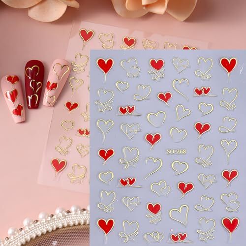 Heart Nail Art Stickers 6 Sheets Valentine’s Day Nail Decals 3D Self Adhesive