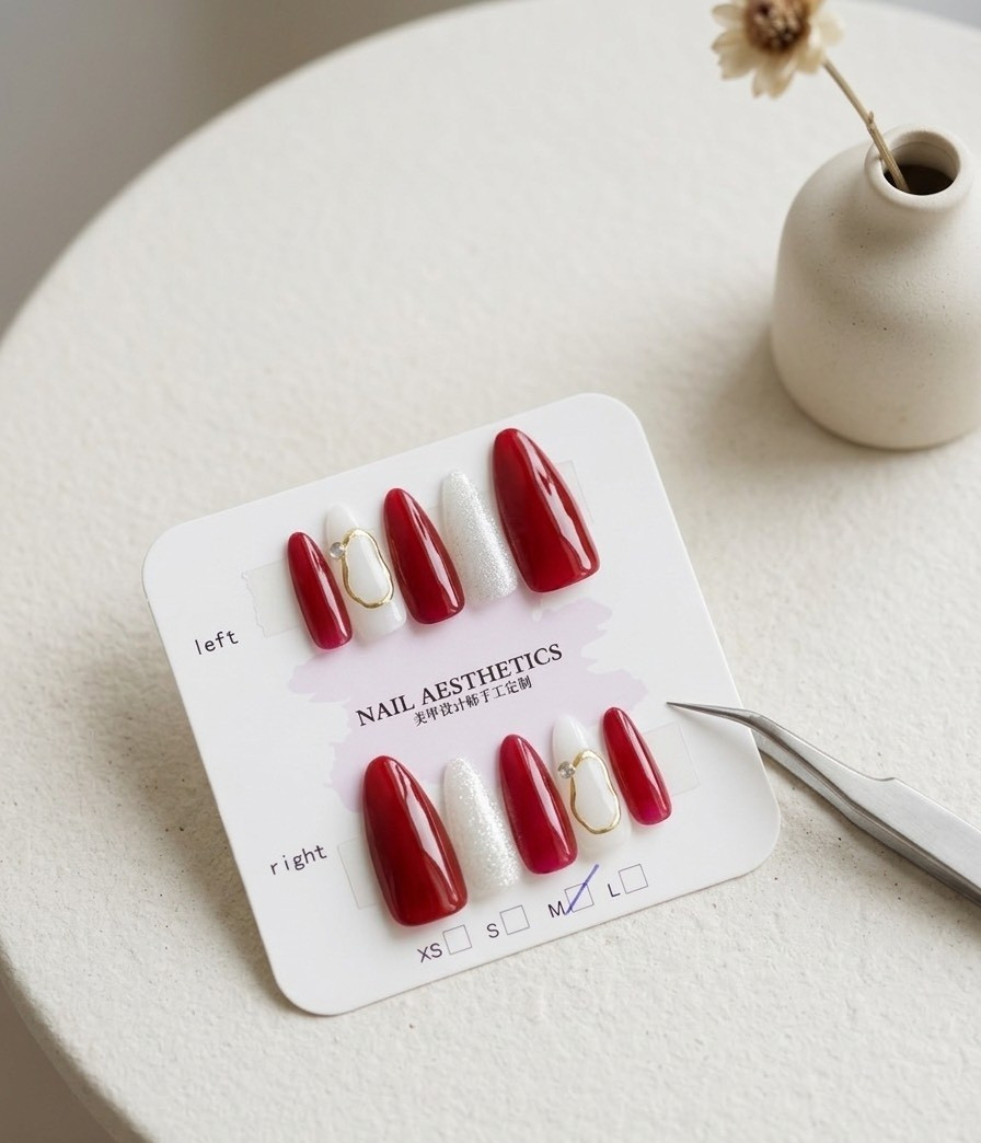 10 pcs Red Almond Press on Nails Glitter Short False Nail Set