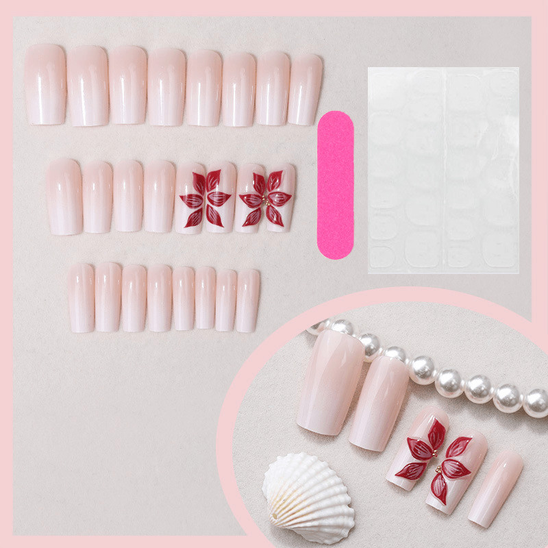 48P-Milky White Pink Floral Press on Nails Square Nail Art Set Reusable Handmade