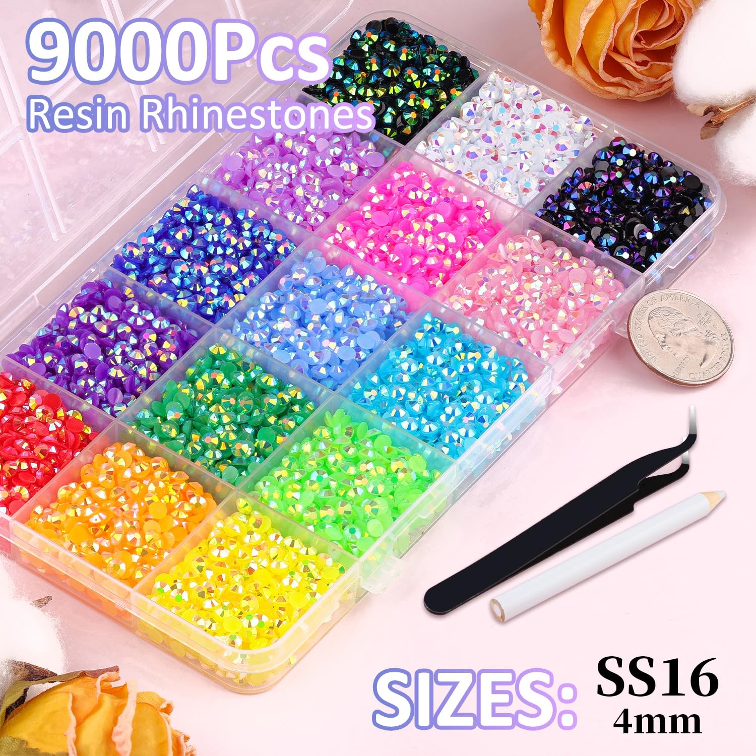 9000Pcs Resin Jelly Rhinestones for Crafting, MixedColor 4mm Flatback Gems, B…