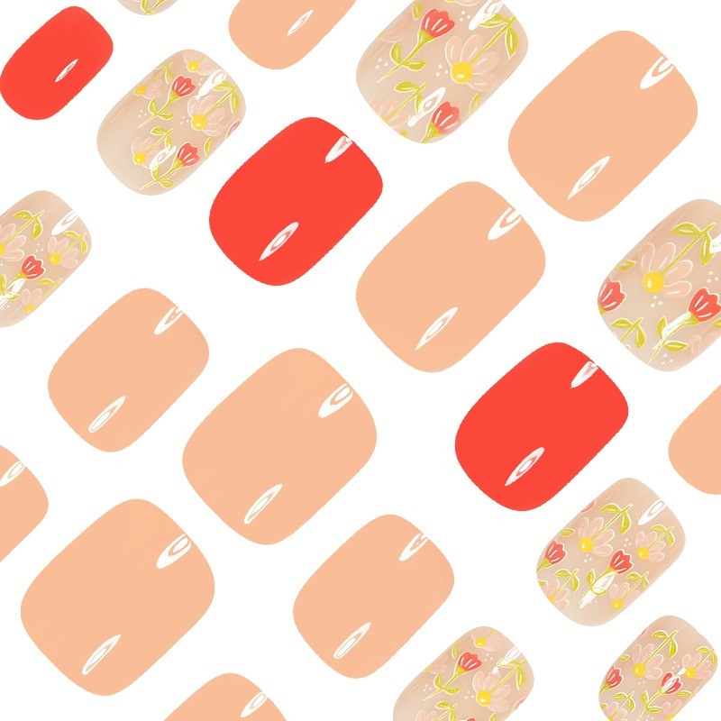48pcs-Short Oval Press on Nails, Nude Pink with Hand-Painted Flower False Nails