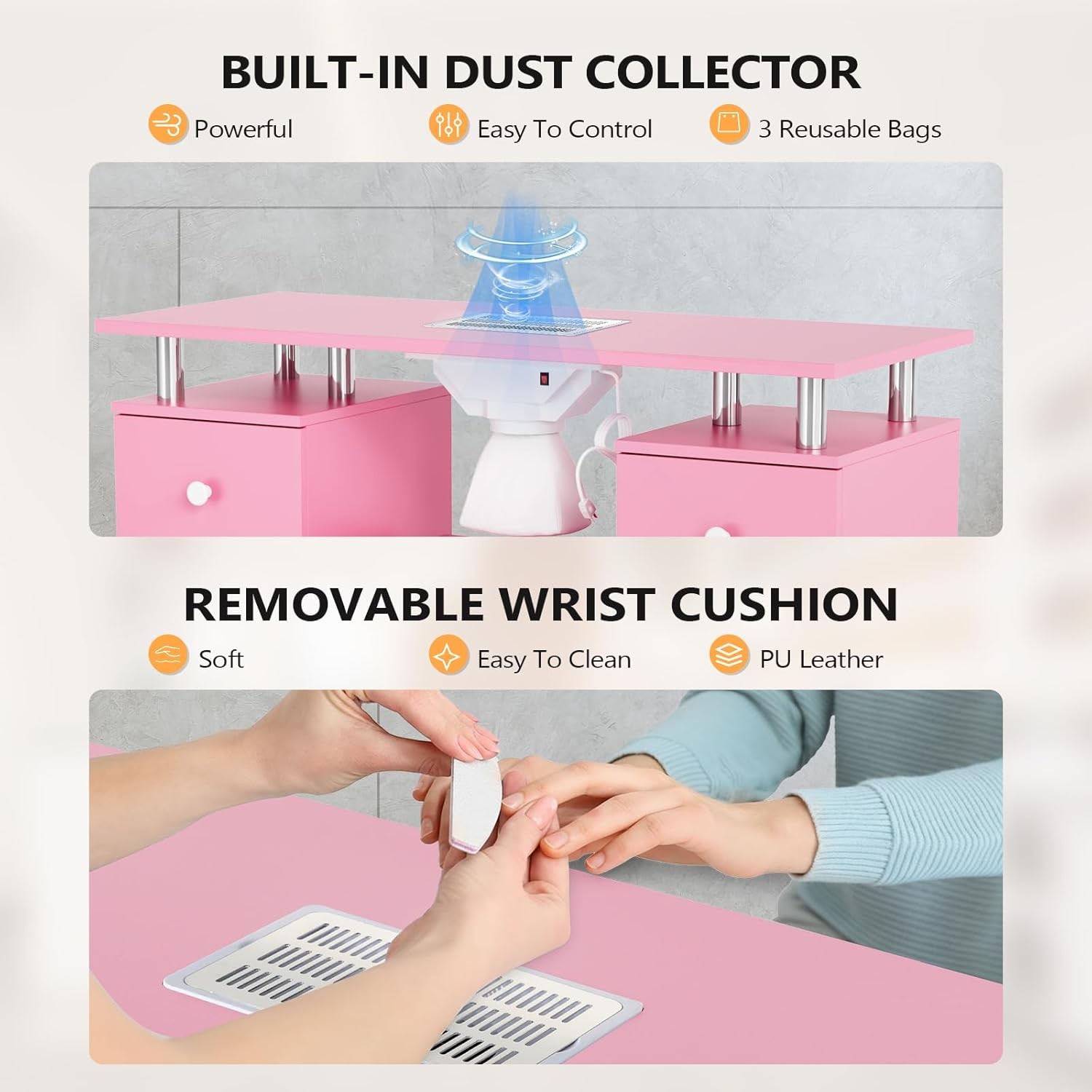 Salon Nail Desk Set with Stool, Drawers, Dust Collector, Smooth Rolling Wheels