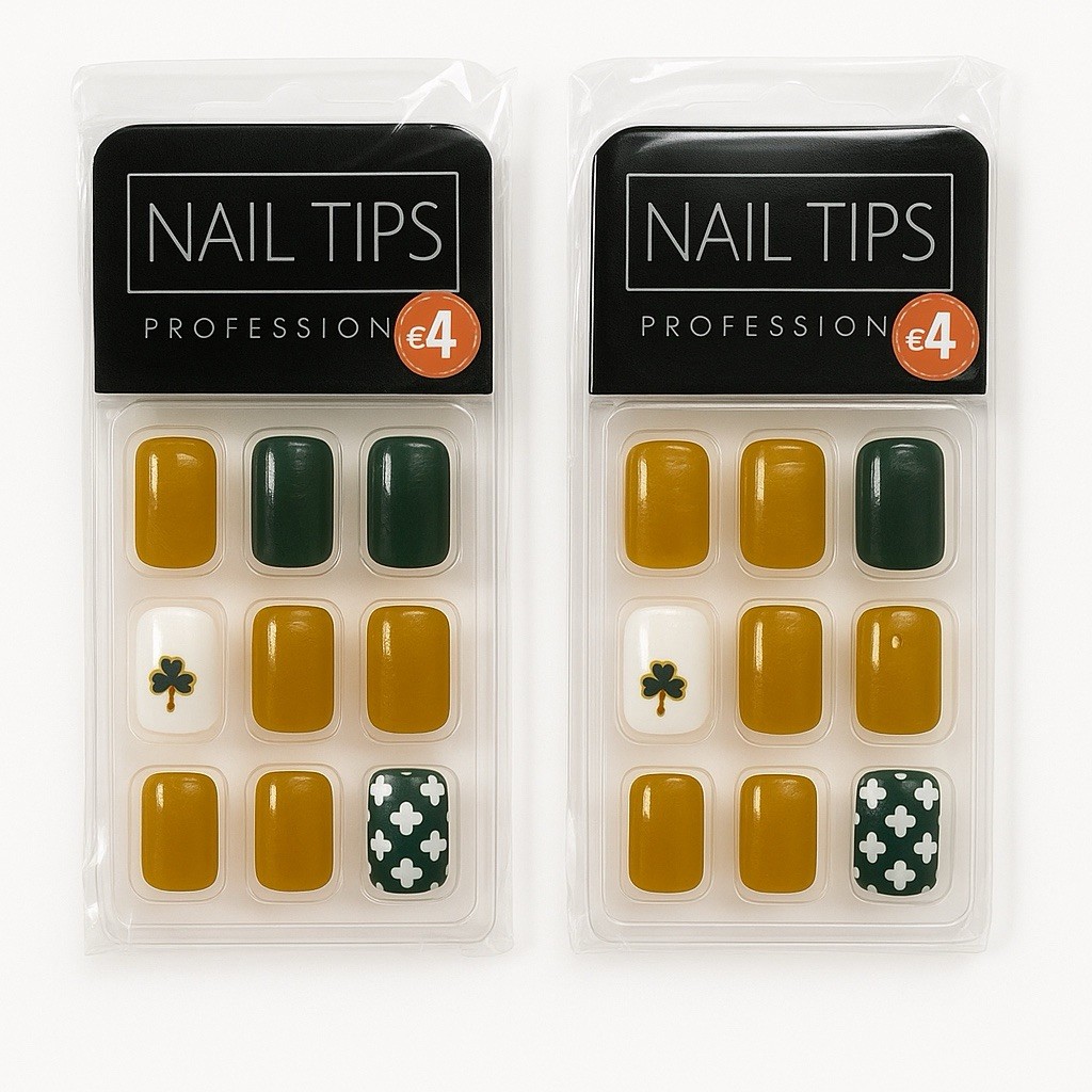 LOT OF 2 PRESS ON ACRYLIC NAILS SHORT Yellow/Green/White/Gold