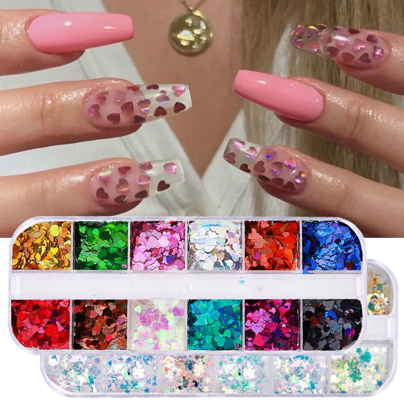 Nail Glitter Sequins Laser 3D Love Heart Star Flakes Nail Art 3D Decoration DIY