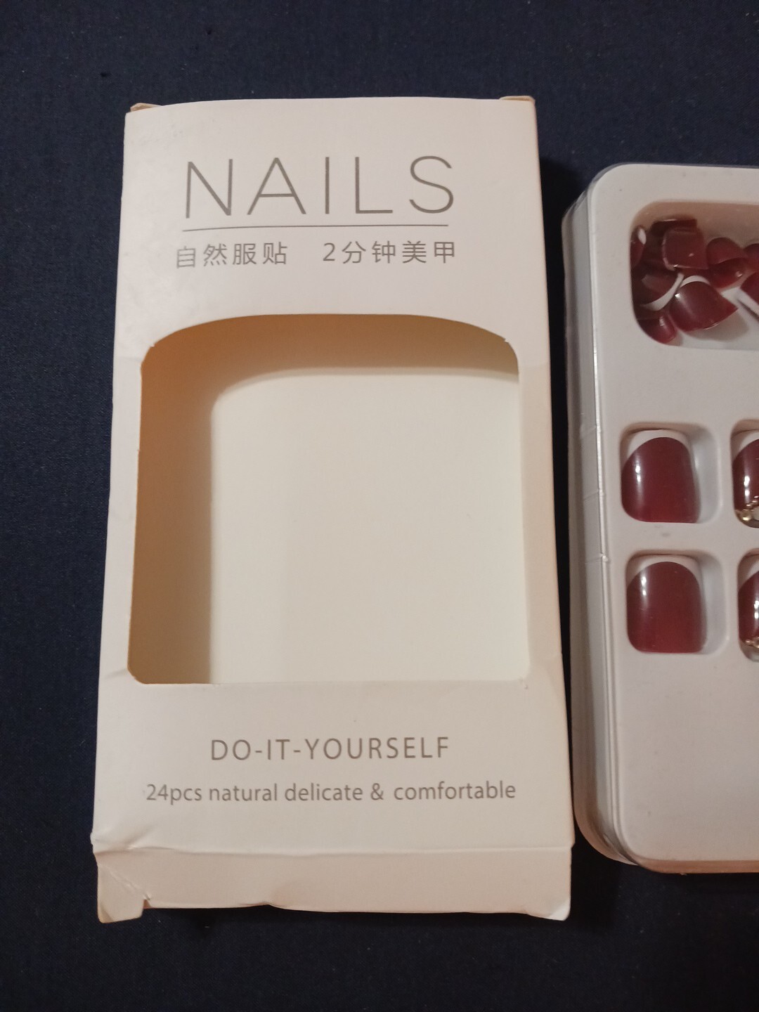 New Press On Toe Nails 24pc Set French Tips Dark Red And Rhinestones On Box