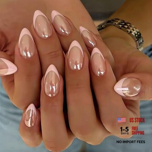 Almond Press On Nails – 30 Pcs – Glazed Baby French Pink – Chrome Tip