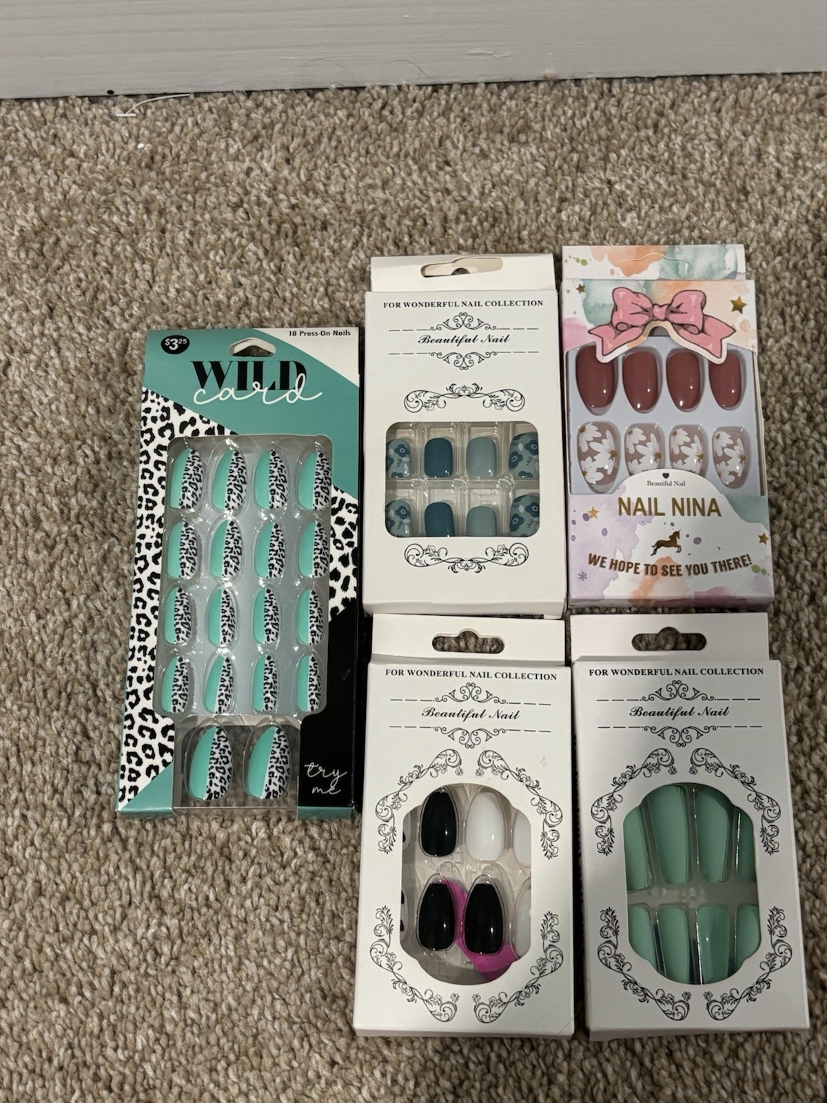 5 Packs of Press on Nails from SHEIN & 5 Below, Cheetah, Cow Print, Mint, Almond