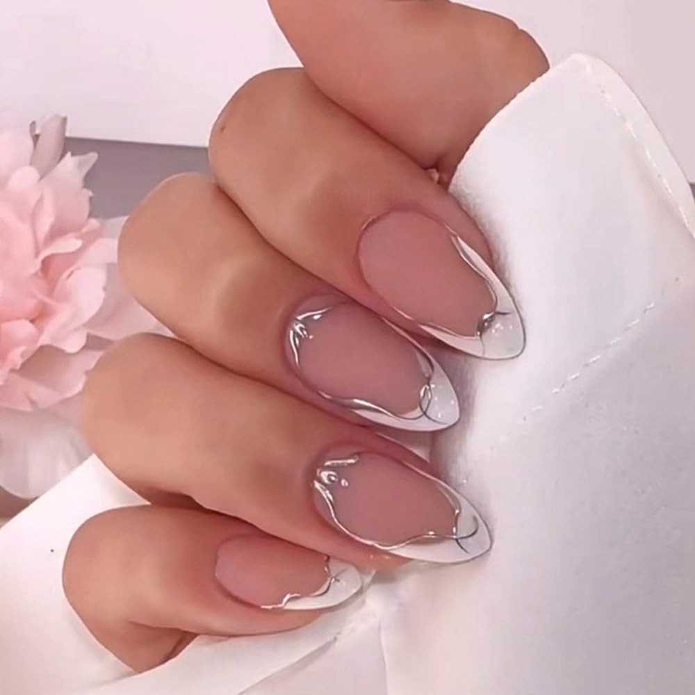 French Tip Press on Nails Almond White Short Medium Fake Nails Gel fake on Na…