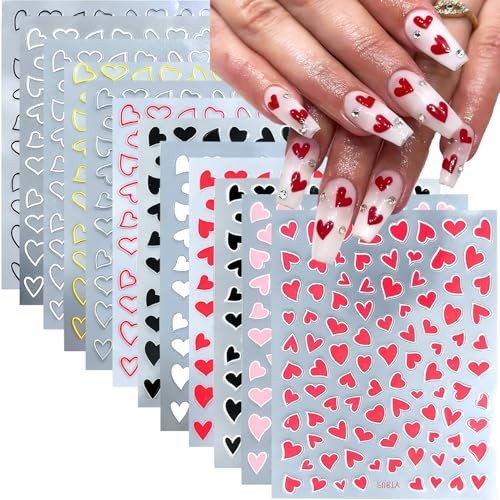 12 Pcs Valentines Day Nail Stickers, Red Pink White Black Gold Heart Stickers