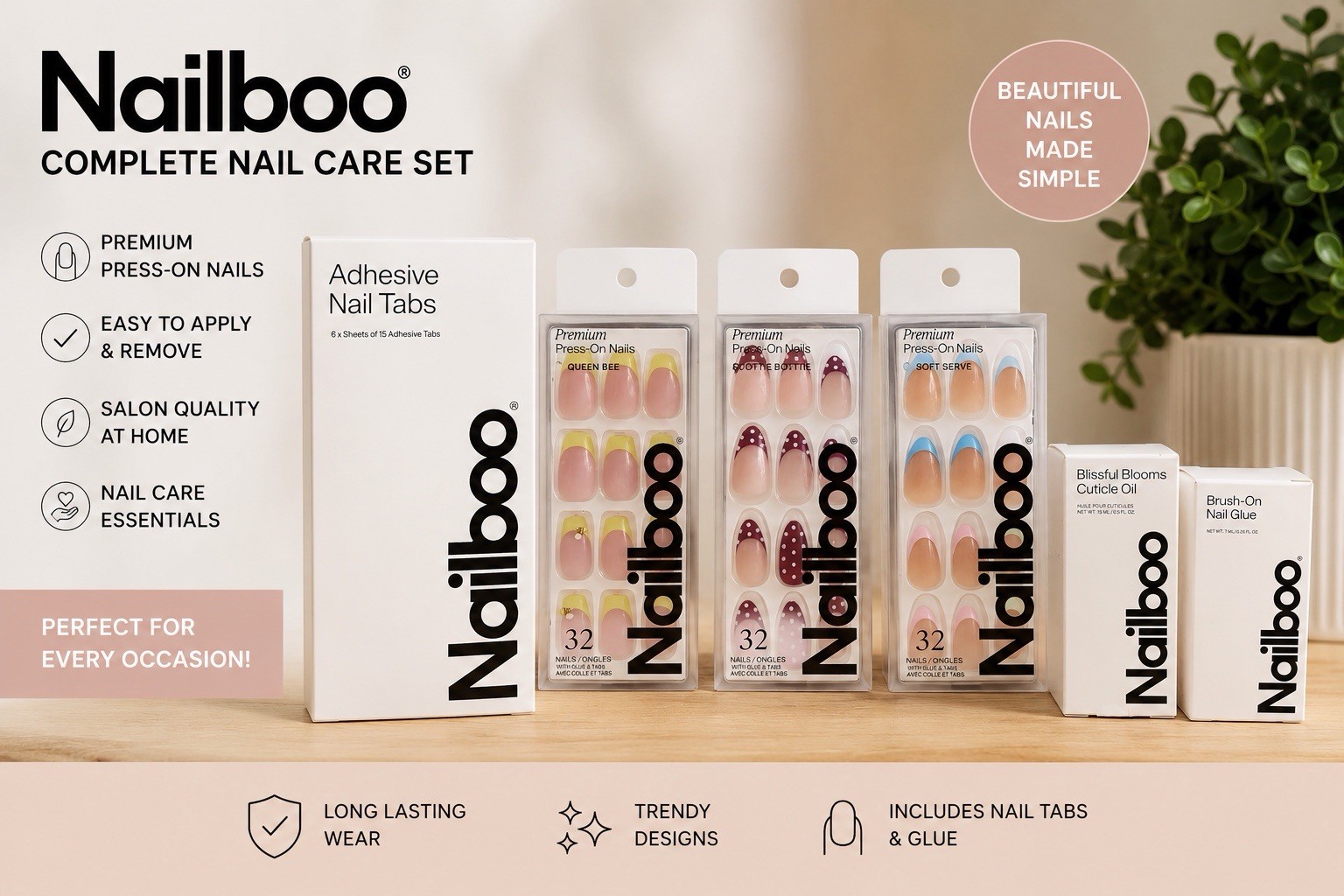 Nailboo Press-On Nails Bundle w/ Nail Glue, Cuticle Oil & Adhesive Tabs 6 Pc
