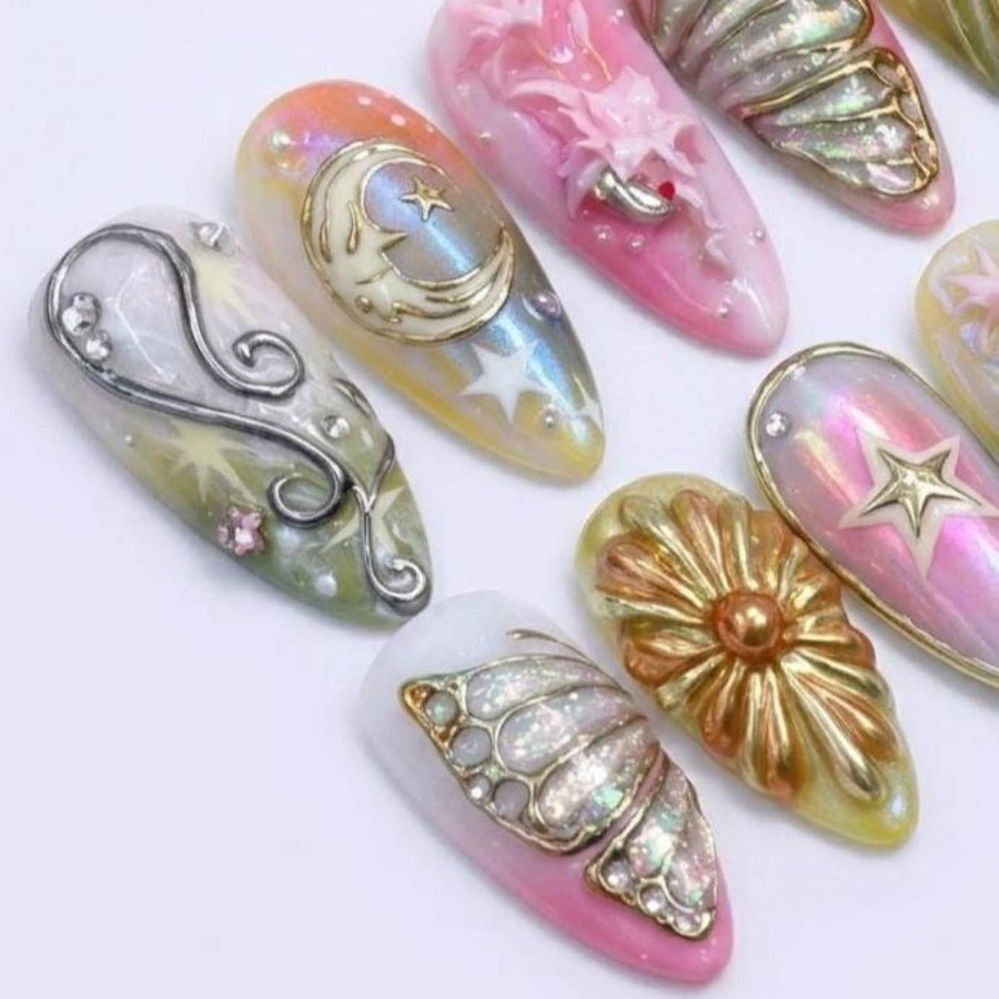 Galaxy Moon Handmade Press on Nails Butterfly Floral Iridescent Gloss Fake Nails
