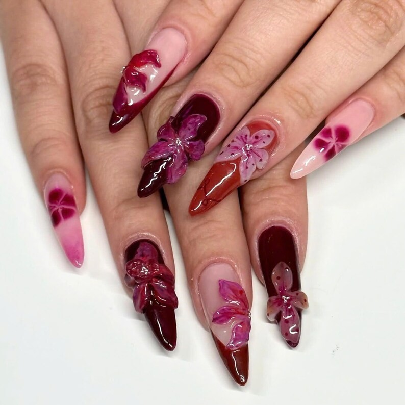 Gorgeous Orchid 3D Flower Press On Nails French Tips Stiletto Fake Nails Custom