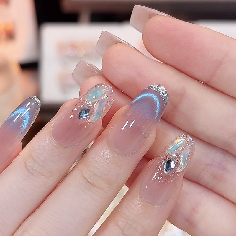 60pcs-Glitter Cat Eye Press on Nails, Almond Nude with Blue Sheen & Gem Details