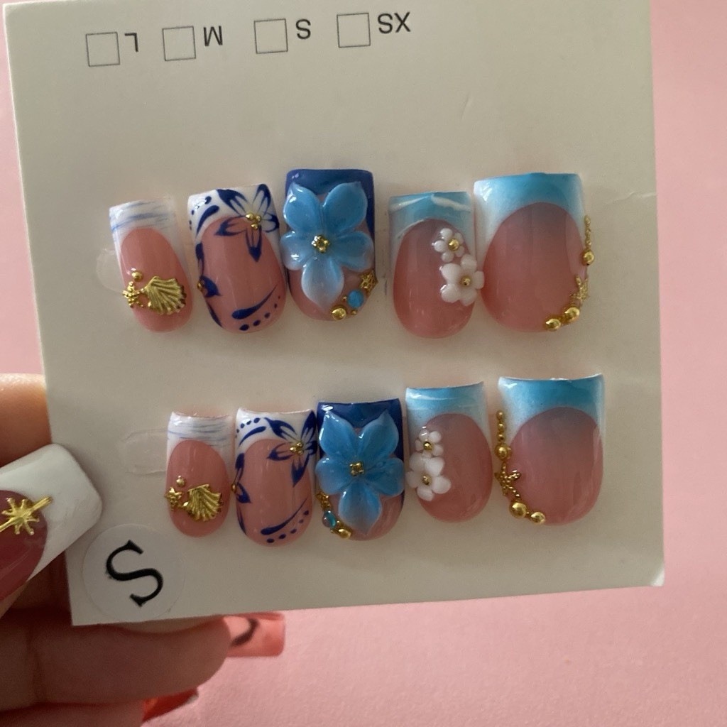 3D Flower Press-On Nails Short Square Full Cover Pink Gold Blue White Set