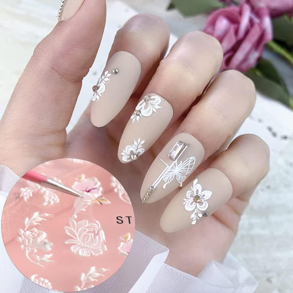 5D Flowers Nail Art Stickers – 6 Sheets Relief Flower Nail Decals Self-Adhesive