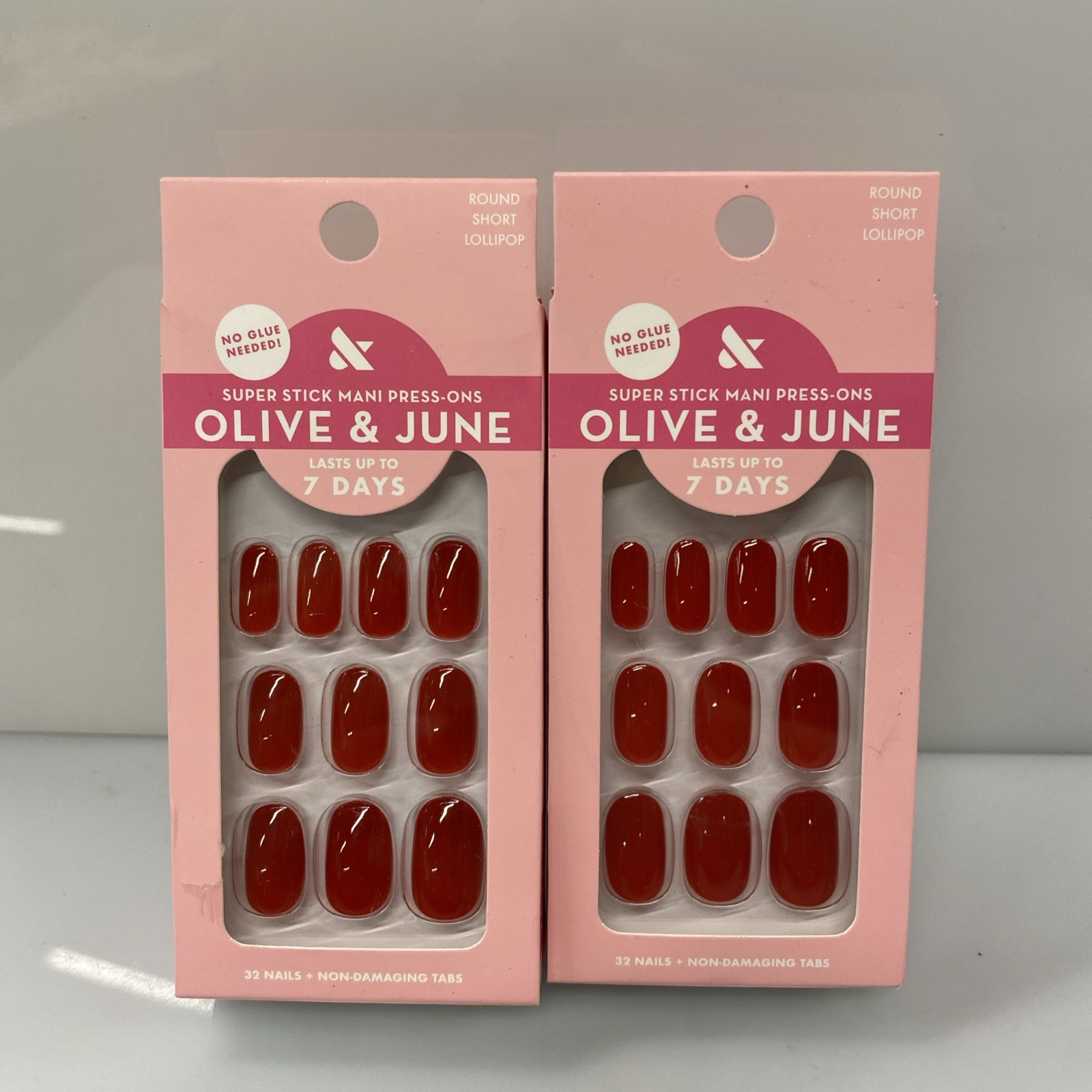 2X Olive & June Super Stick Mani Press-Ons Short Round LOLLIPOP Cherry Red 32 CT