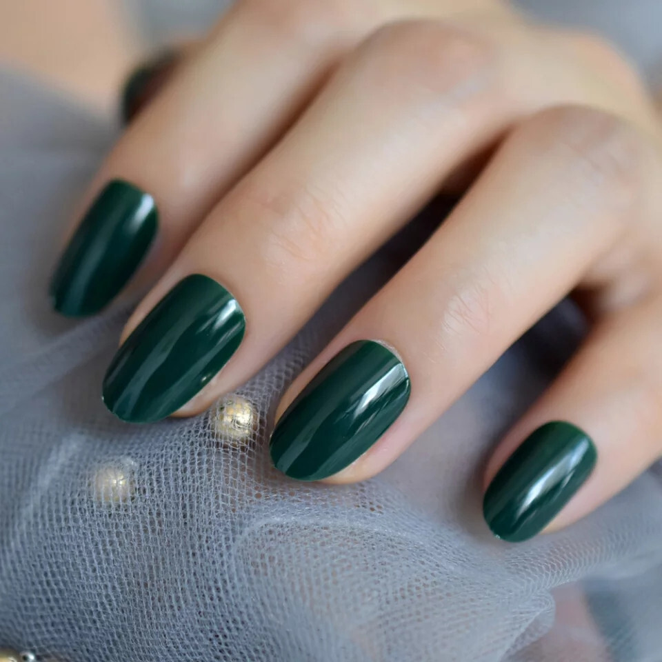 24 Short Press on nails kit w glue dark green almond