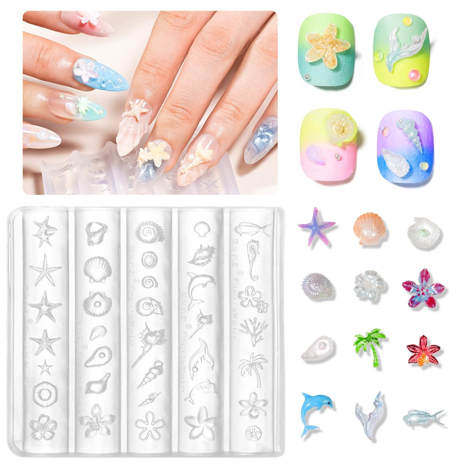3D Sea Shell Nail Molds for Nail Art, 1PC Silicone 3D Charm Beach Ocean Pearl…