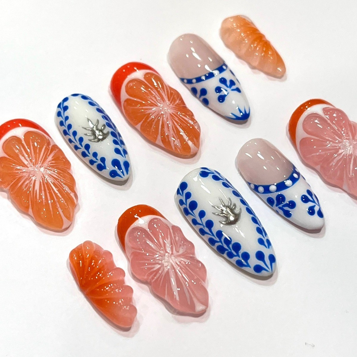 Orange Fruit Handmade Press on Nails Blue Floral Metal Charm Sweet Fake Nails