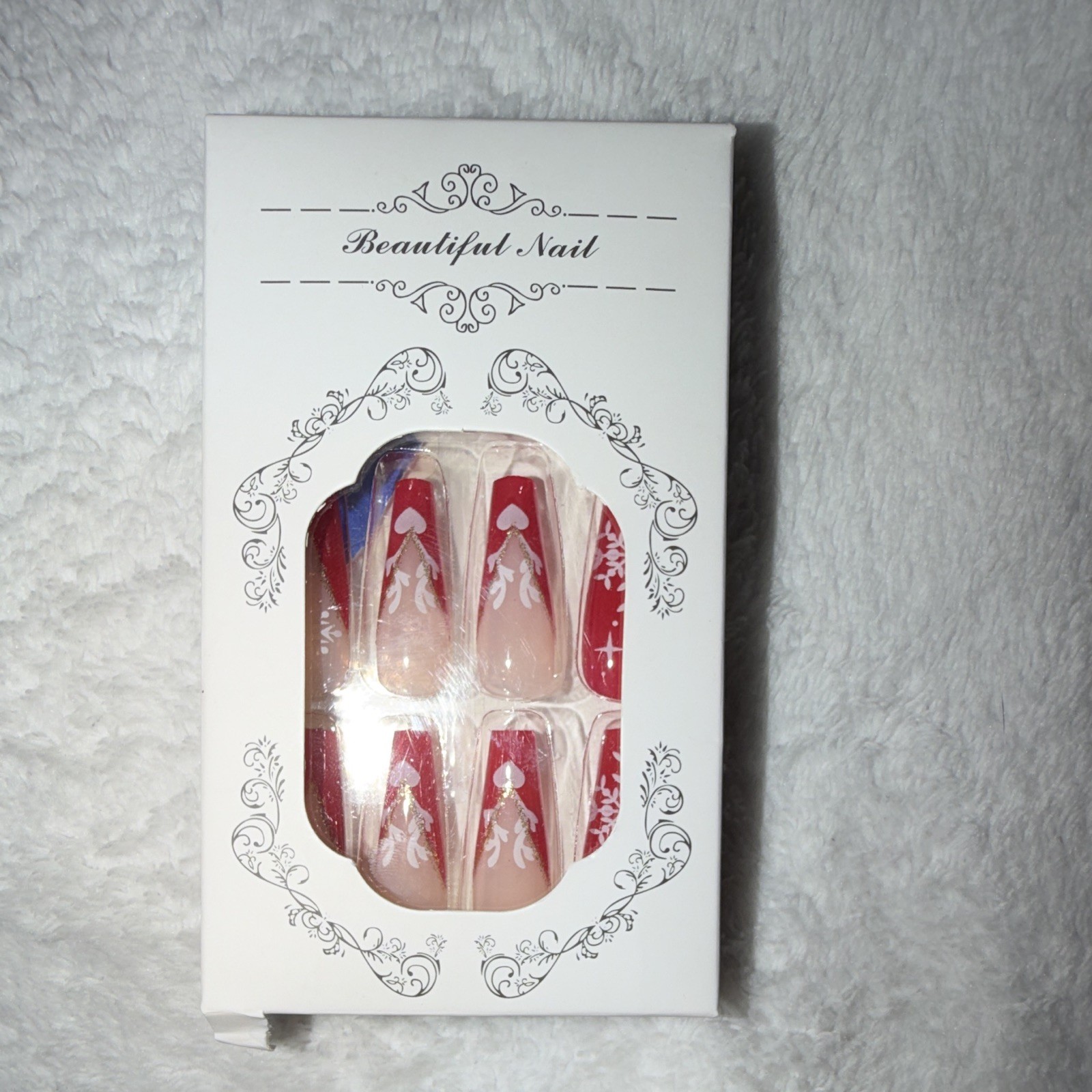 Beautiful Nail Press-On Nails Long Coffin Red/White/Clear French Christmas PVC