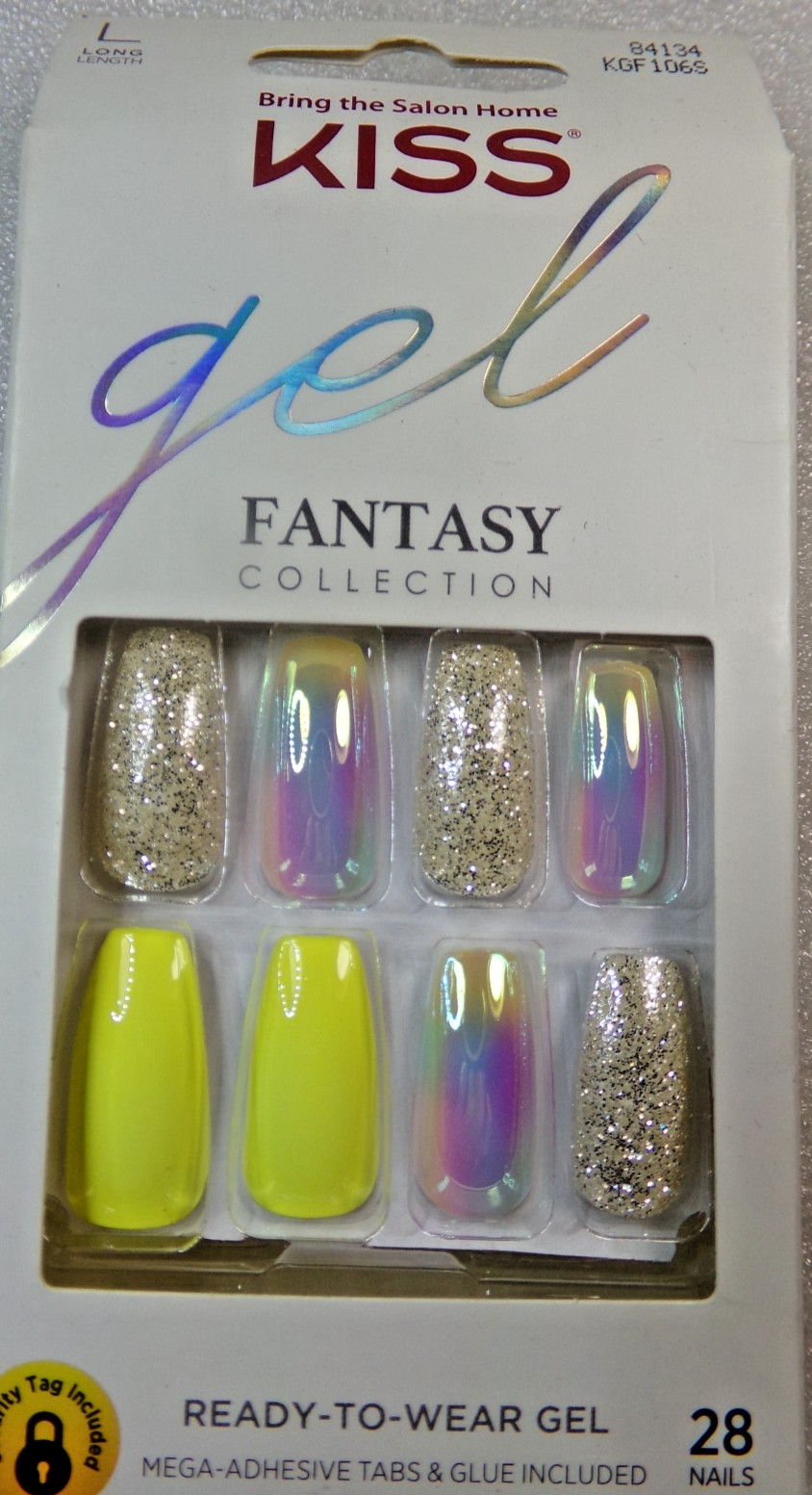 KISS gel Fantasy NAILS GLUE ON Yellow with Iridescent & Glitter LONG
